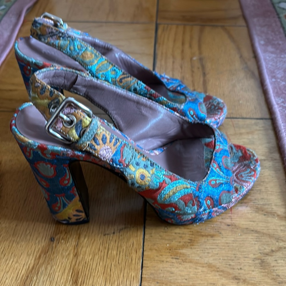 Platform open toe multi color fabric sling back heels